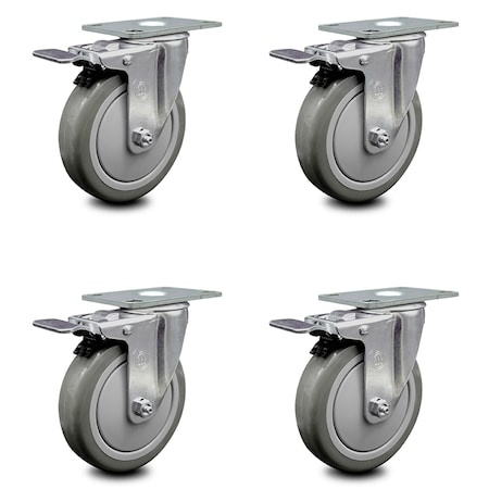 Service Caster 5 Inch Gray Polyurethane Swivel Top Plate Caster Set with Total Lock Brake SCC SCC-TTL20S514-PPUB-4